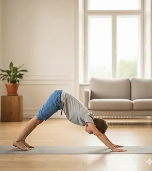 Child doing yoga pose in a bright room