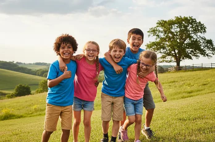 Happy children standing together in a field