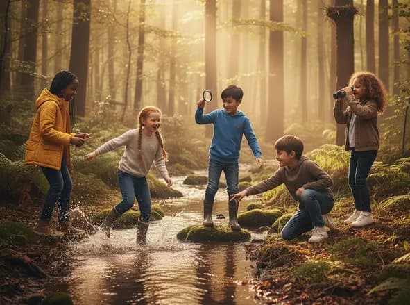 Children playing in a forest setting