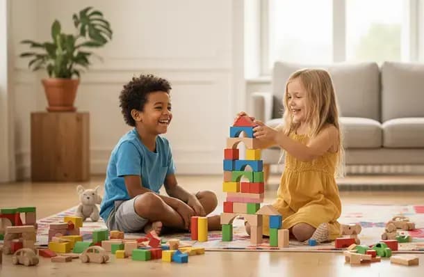 Children playing with colorful building blocks
