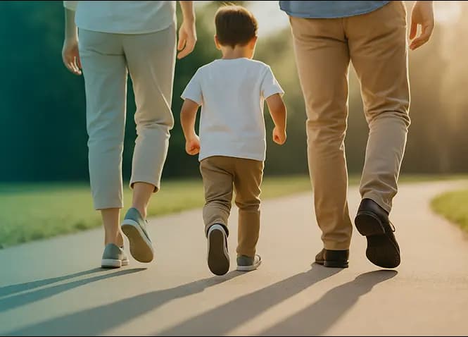 Family walking on road