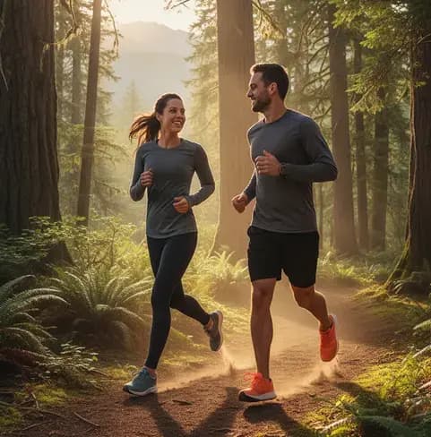 Couple running through forest