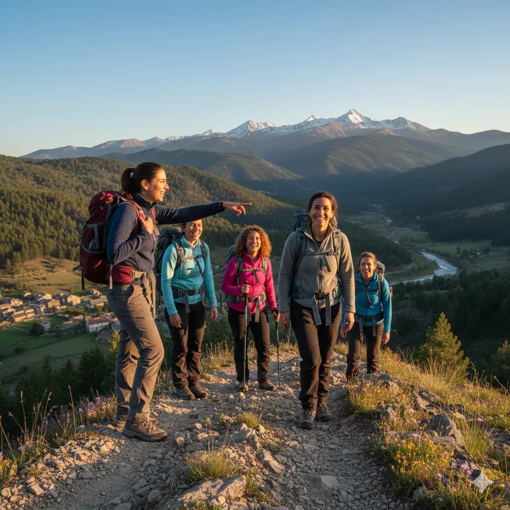 Group hiking in mountains